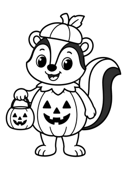 A skunk coloring page showing a cute skunk dressed as a pumpkin holding a candy bucket.