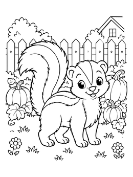 A cheerful skunk coloring page set in a sunny backyard pumpkin patch.