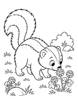 Free printable Little Skunk Sniffing Clover Flowers coloring page