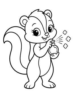 A skunk coloring page featuring a cute cartoon skunk playfully spraying a bottle of perfume.