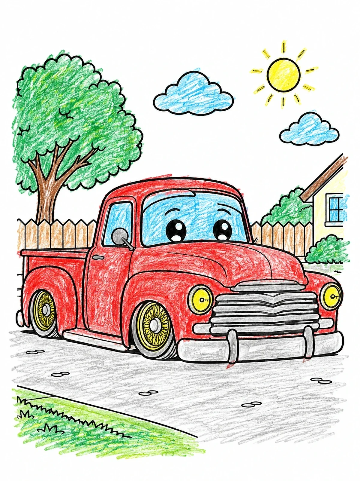 Colored example of the Cute Slammed Vintage Lowrider Pickup coloring page