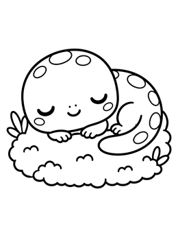 A cute salamander coloring page showing a spotted baby sleeping peacefully on soft moss.