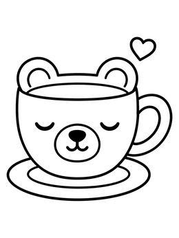 A cute sleeping bear tea cup coloring page with round ears and a little heart.