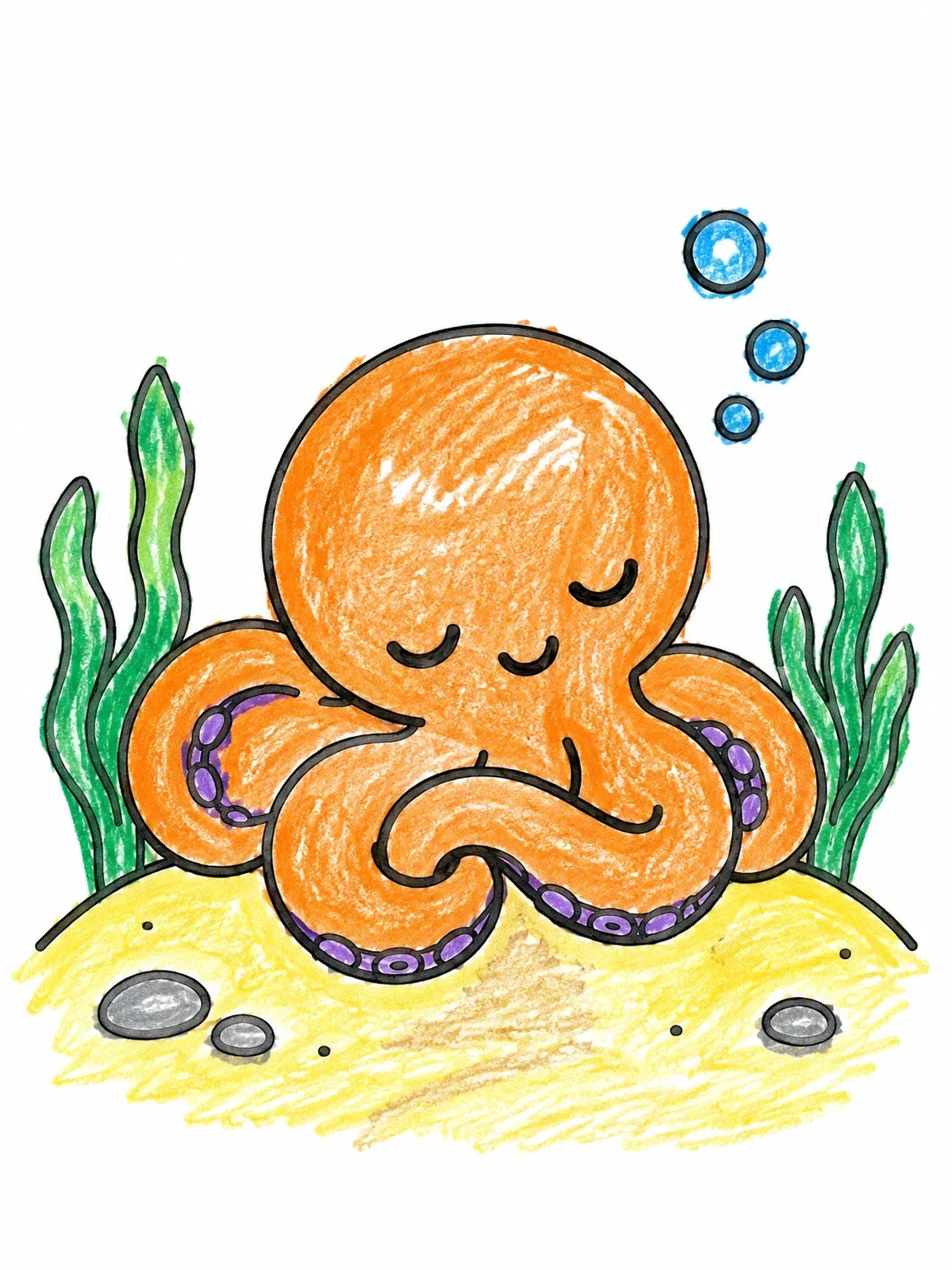 Colored example of the Cute Sleeping Octopus On Sand coloring page