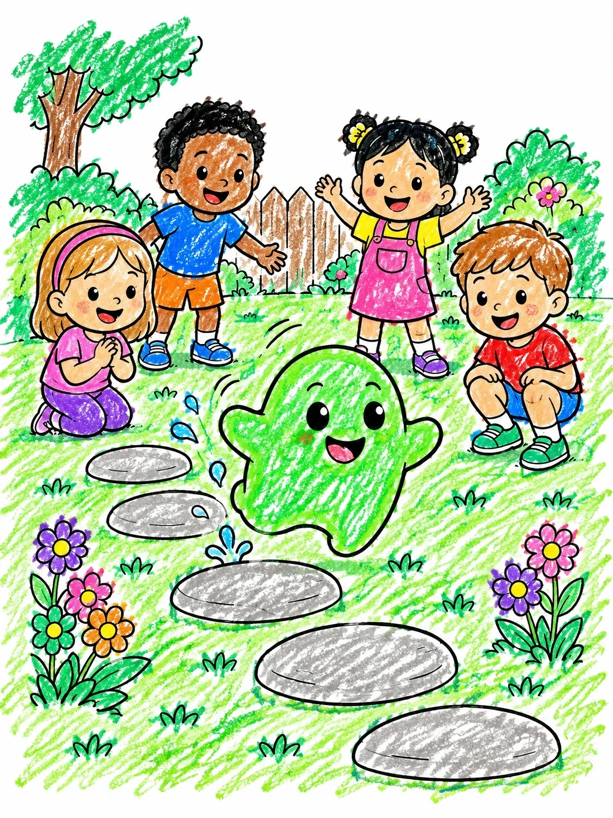 Colored example of the Cute Slime Bouncing In The Garden coloring page