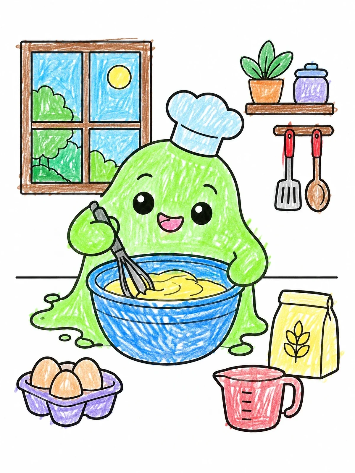 Colored example of the Cute Slime Chef Baking Batter coloring page