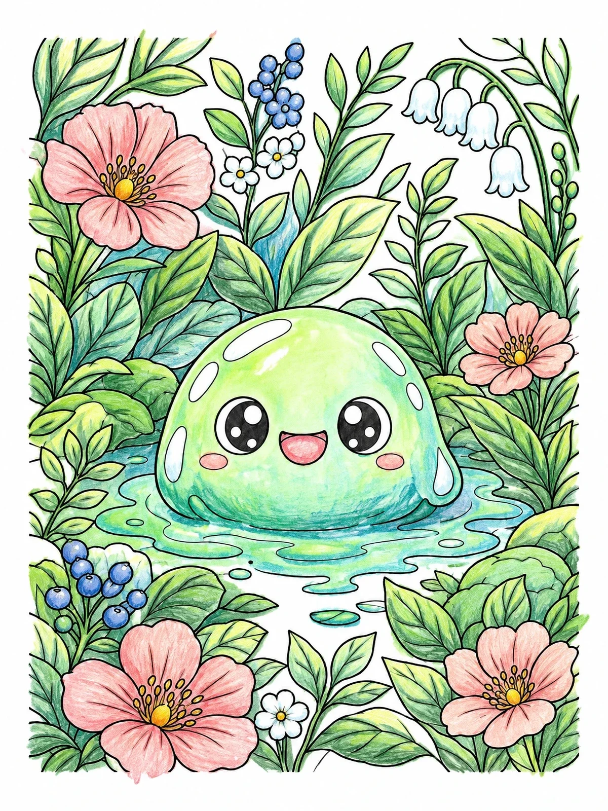 Colored example of the Cute Slime Creature In Garden coloring page