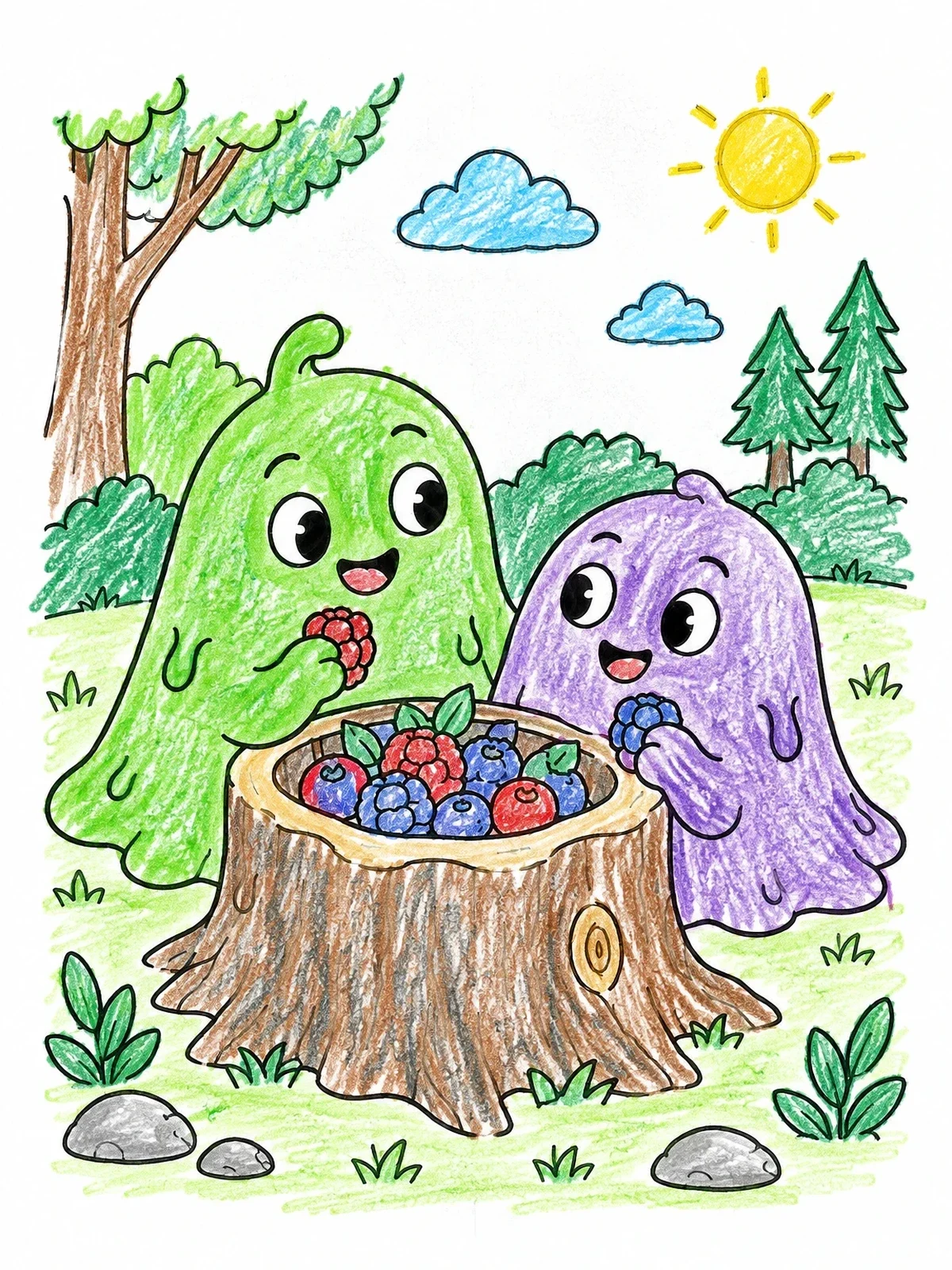 Colored example of the Cute Slime Friends Eating Berries coloring page