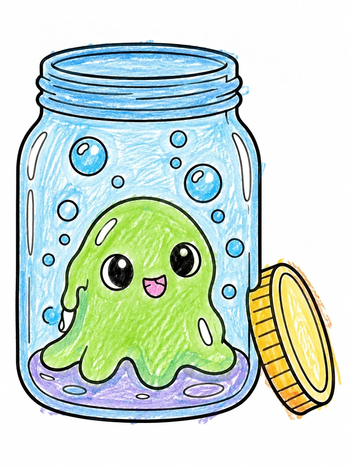 Colored example of the Cute Slime Monster In A Glass Jar coloring page