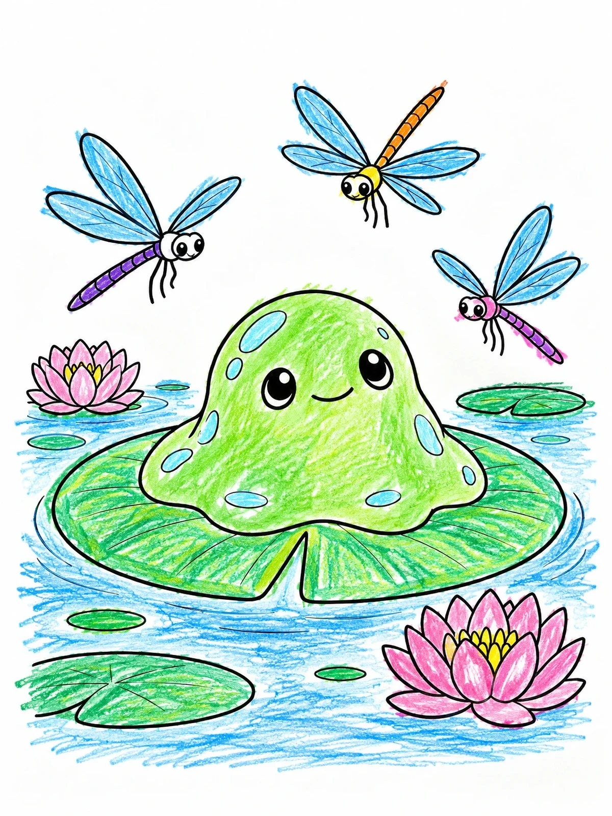 Colored example of the Cute Slime On A Lily Pad coloring page