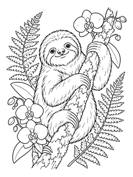 A cheerful sloth coloring page framed by tropical orchids and detailed fern leaves.