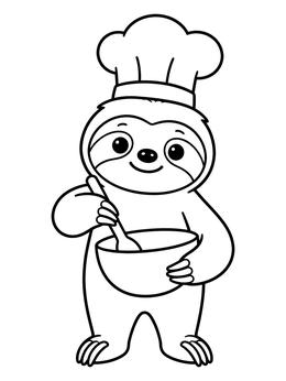 A smiling sloth coloring page wearing a chef hat and stirring a bowl with a spoon.