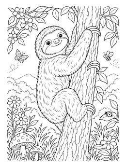 A cute sloth coloring page featuring the animal climbing a trunk in a lush forest.