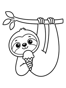 A cute cartoon sloth coloring page with an ice cream cone hanging from a branch.