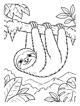 Free printable Cute Sloth Hanging In Rainforest coloring page