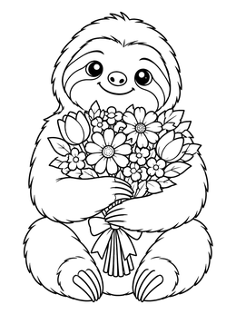 A cheerful sloth coloring page featuring a sitting sloth holding a bouquet of flowers.