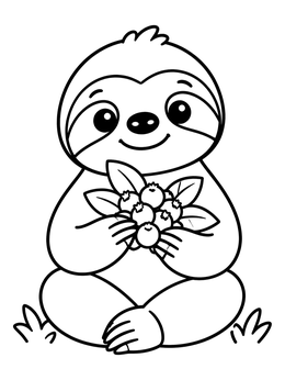A cheerful sloth coloring page featuring a sitting sloth holding a bundle of berries.