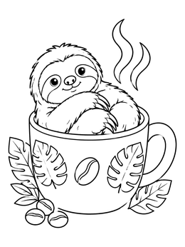 A cute sloth coloring page featuring a cozy sloth curled up inside a tropical coffee mug.