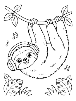 Free printable Cute Sloth Listening To Music coloring page