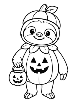A cute sloth coloring page showing a baby sloth in a jack-o'-lantern costume holding a candy bucket.
