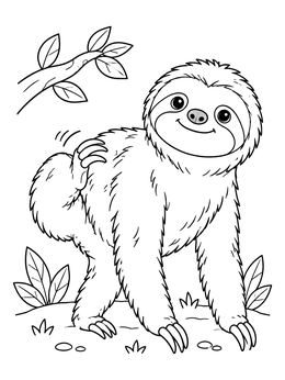 A happy sloth coloring page showing the animal scratching its fur with curved claws.