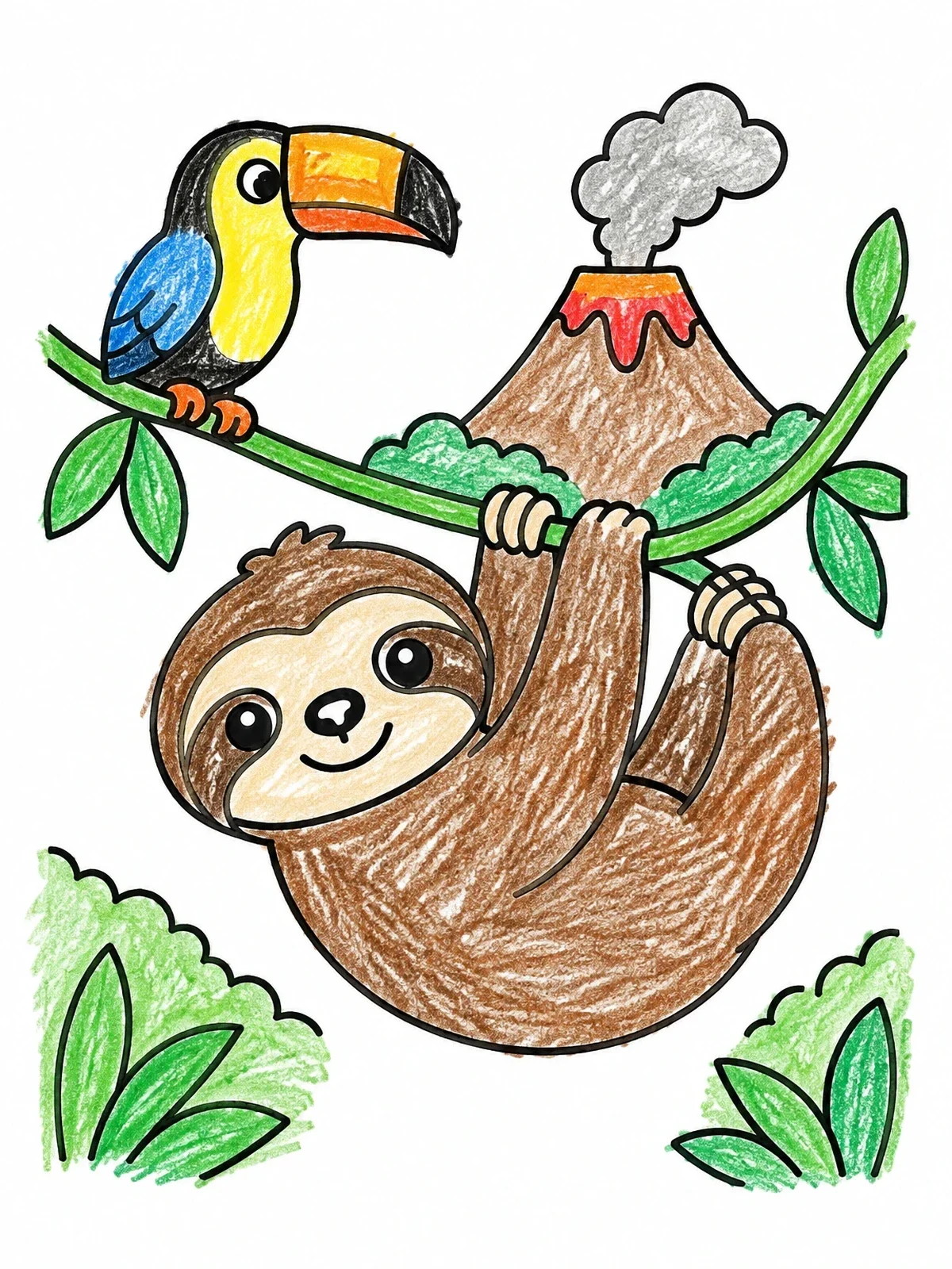 Colored example of the Cute Sloth And Toucan In Costa Rica coloring page