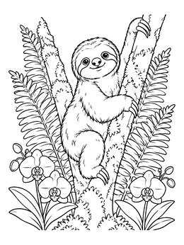 A smiling sloth coloring page set amid lush ferns and blooming orchids.