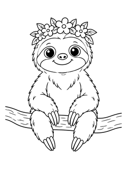 A cute sloth coloring page featuring a smiling sloth wearing a flower crown on a branch.