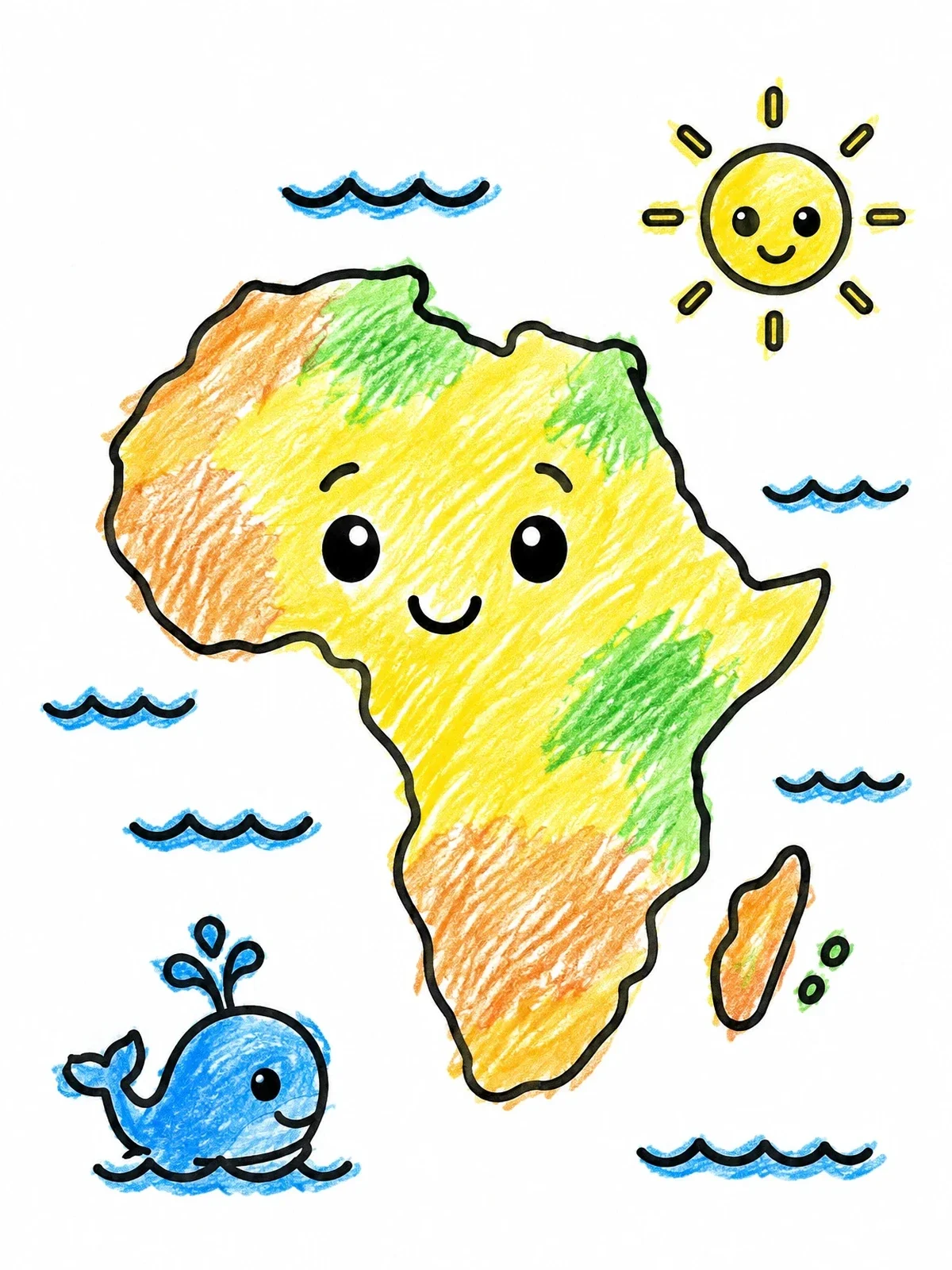 Colored example of the Cute Smiling Africa Continent With Whale coloring page