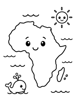 Free printable Cute Smiling Africa Continent With Whale coloring page