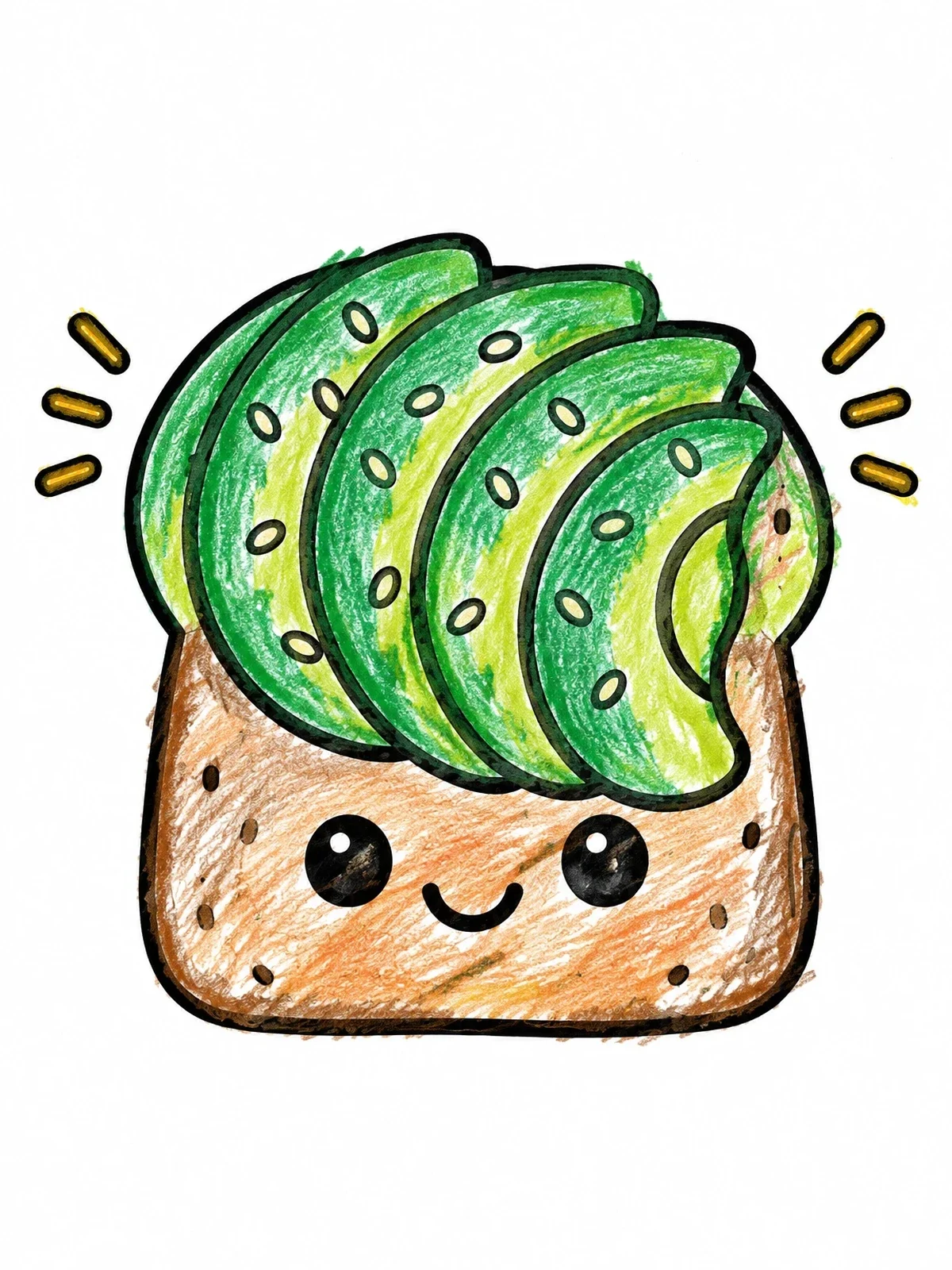 Colored example of the Cute Smiling Avocado Toast coloring page