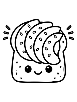A smiling avocado toast illustration on this avocado coloring page for kids.