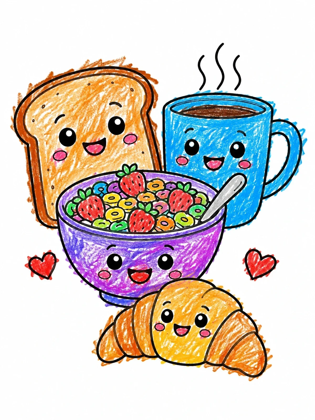 Colored example of the Cute Smiling Breakfast Friends coloring page