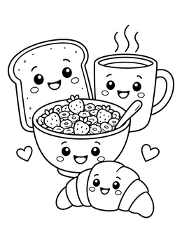Free printable Cute Smiling Breakfast Friends coloring page
