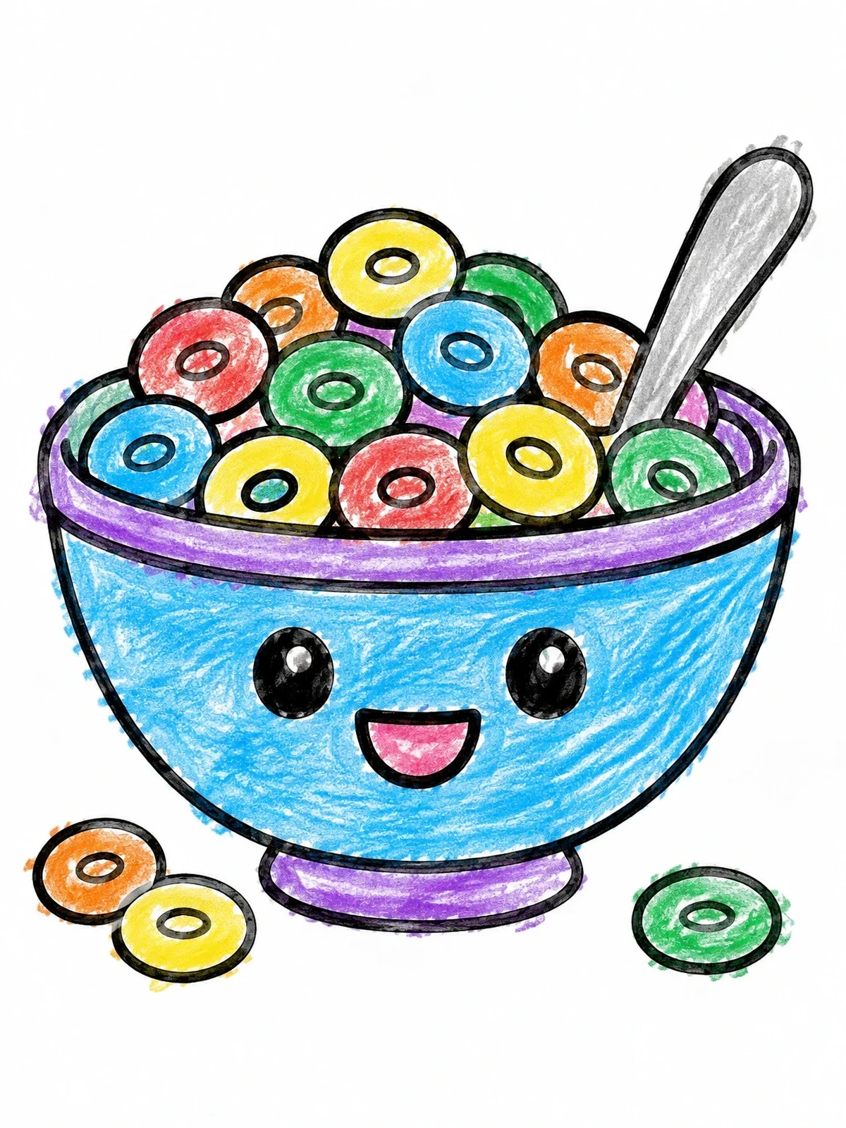 Colored example of the Cute Smiling Bowl Of Cereal Loops coloring page