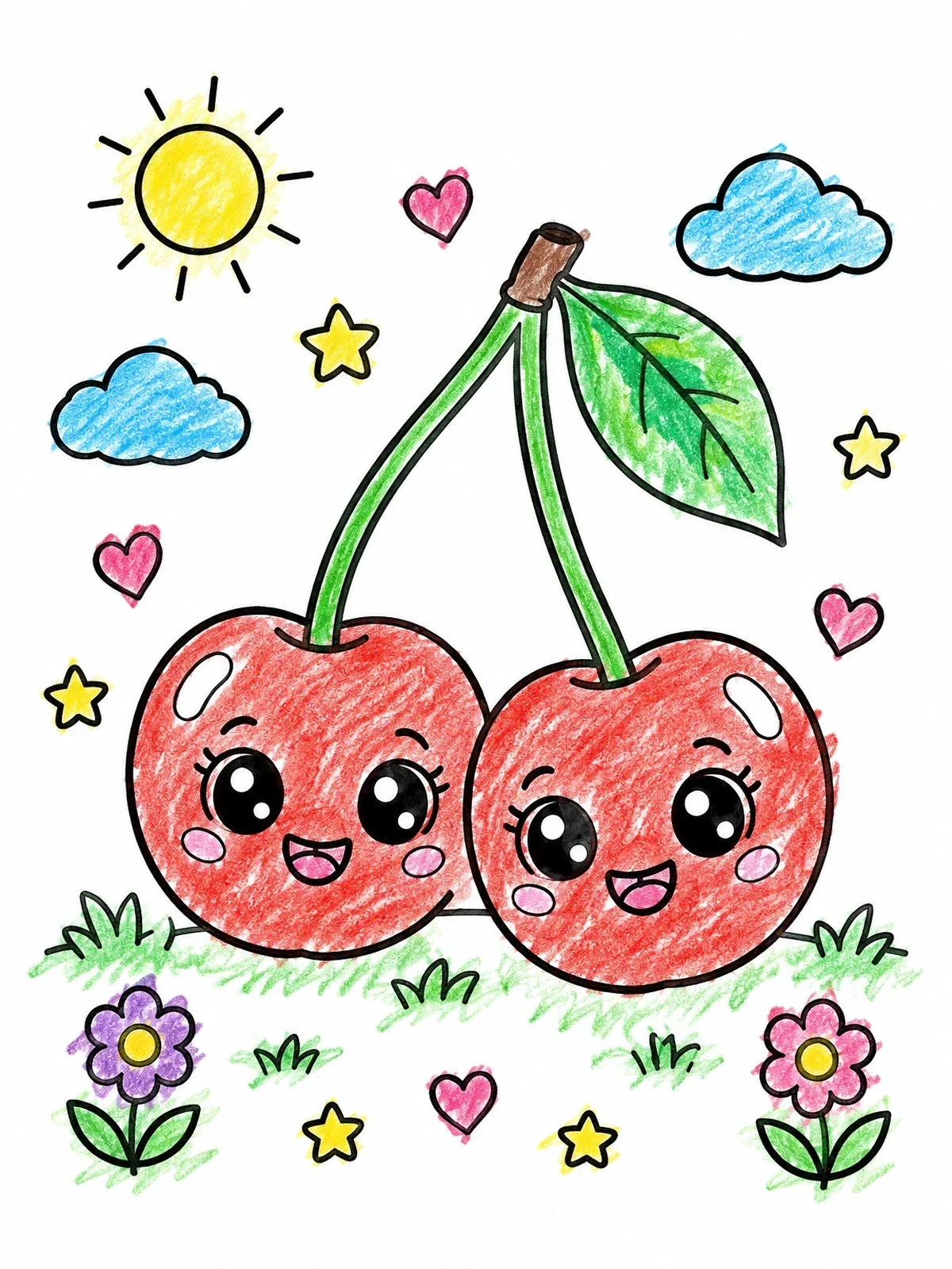 Colored example of the Cute Smiling Cherries In The Garden coloring page