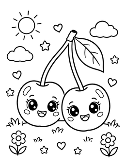 Free printable Cute Smiling Cherries In The Garden coloring page