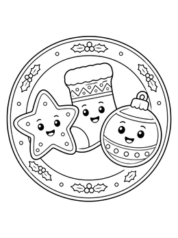 Smiling star stocking and bauble treats decorate this christmas food coloring page.