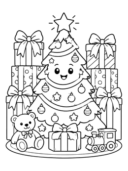 A cheerful christmas tree coloring page surrounded by stacked presents, a teddy bear, and a toy train.