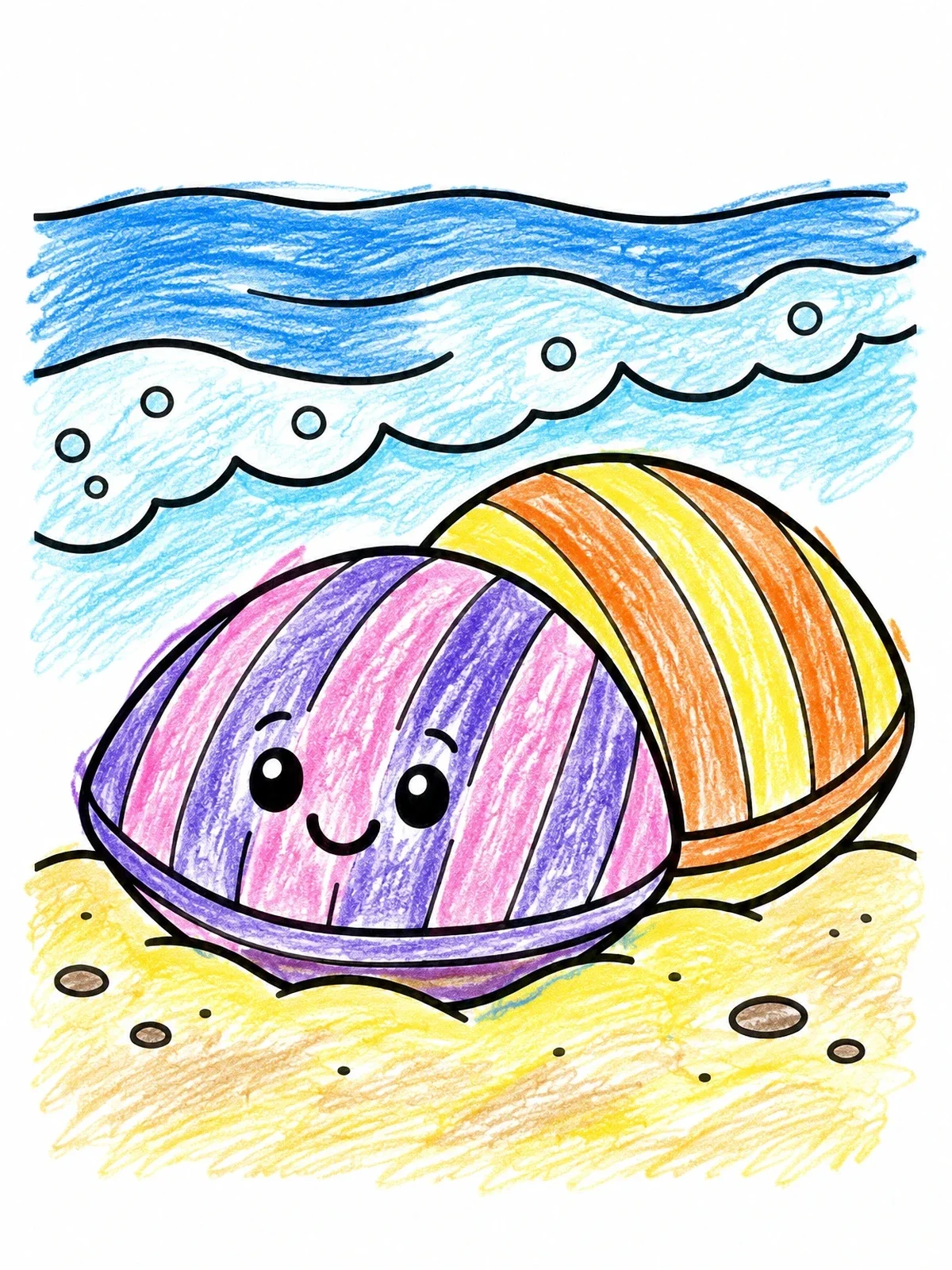 Colored example of the Cute Smiling Clam On Sand coloring page
