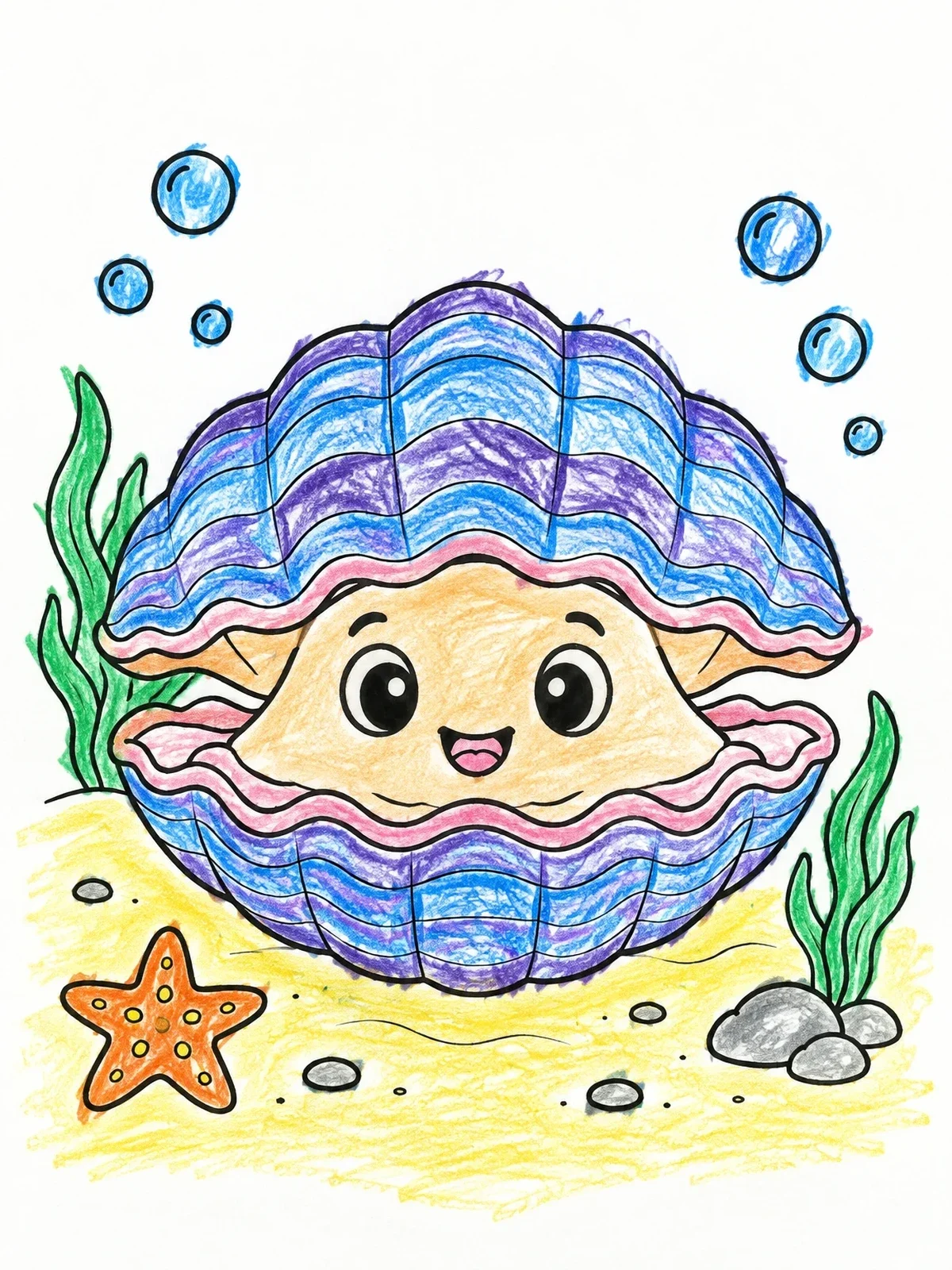 Colored example of the Cute Smiling Clam Underwater coloring page