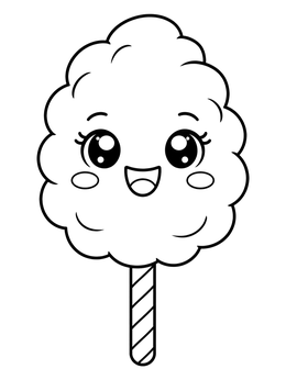 A happy kawaii cotton candy cloud on a stick candy coloring page.
