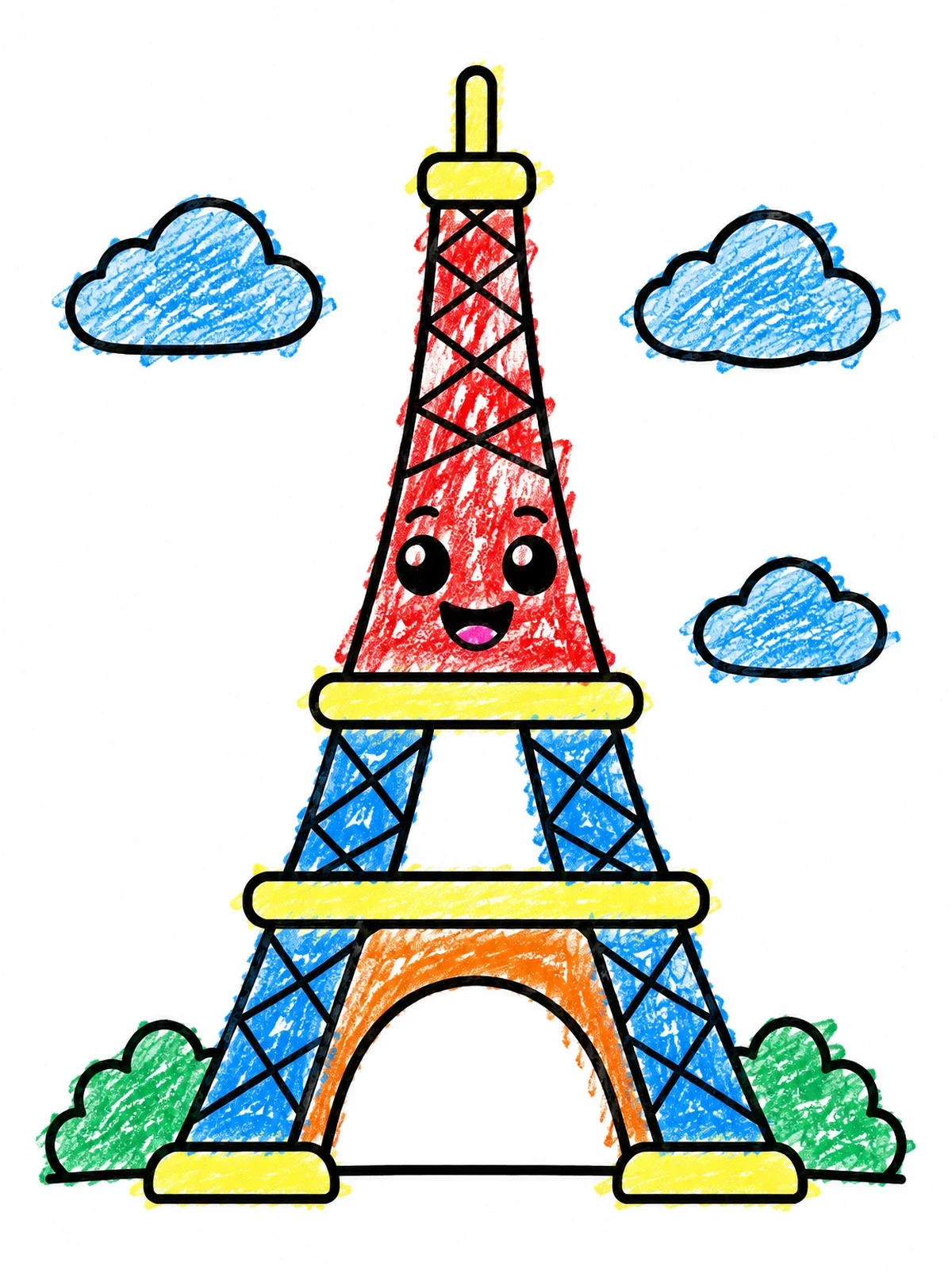Colored example of the Cute Smiling Eiffel Tower coloring page