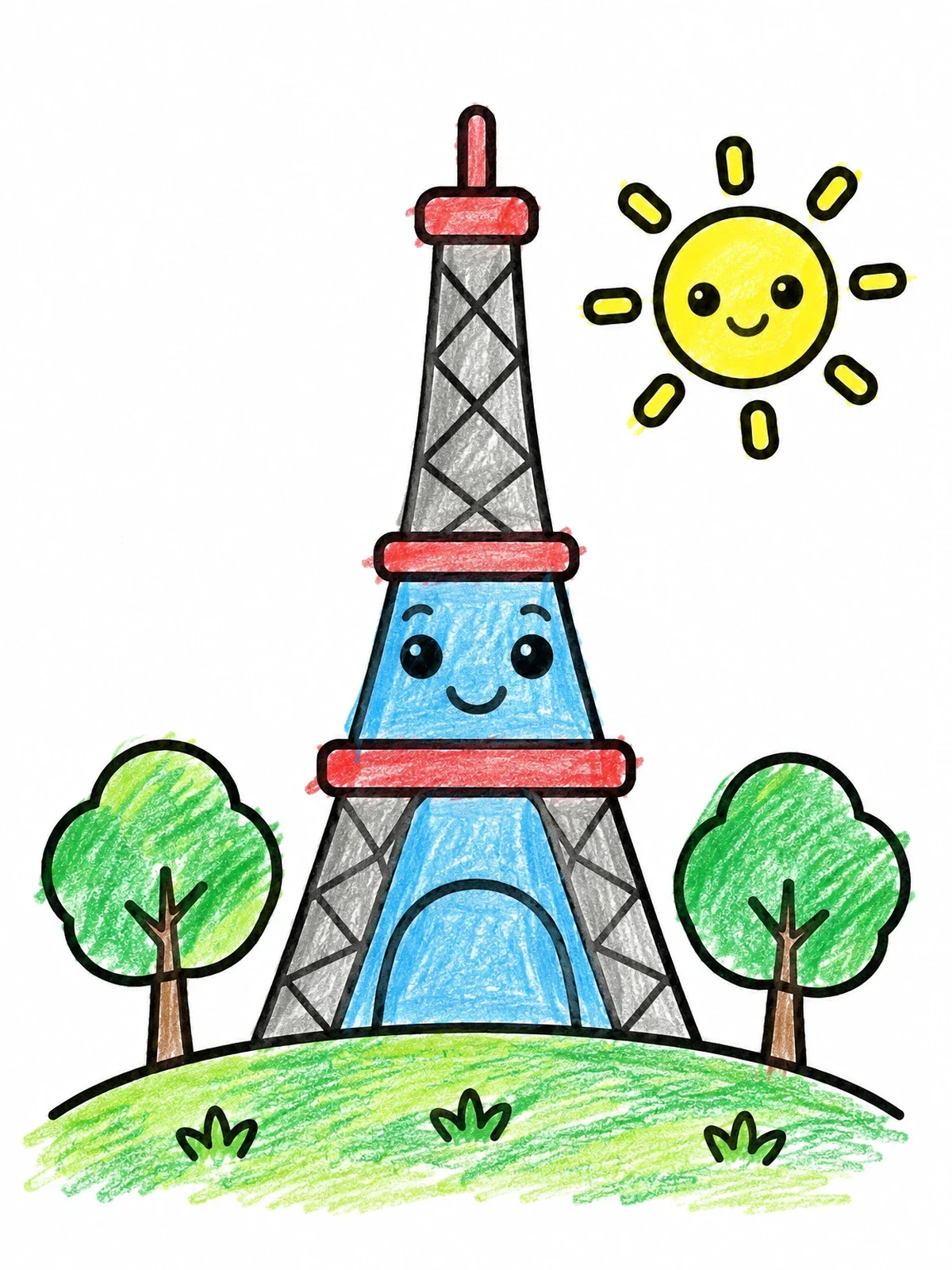 Colored example of the Cute Smiling Eiffel Tower In Sunshine coloring page