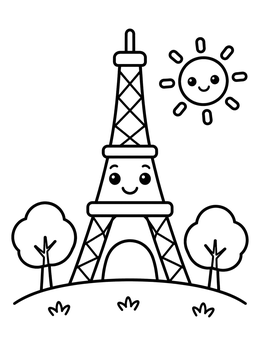 Free printable Cute Smiling Eiffel Tower In Sunshine coloring page
