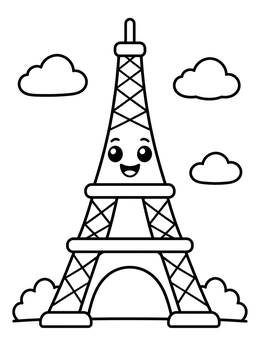 Free printable Cute Smiling Eiffel Tower coloring page
