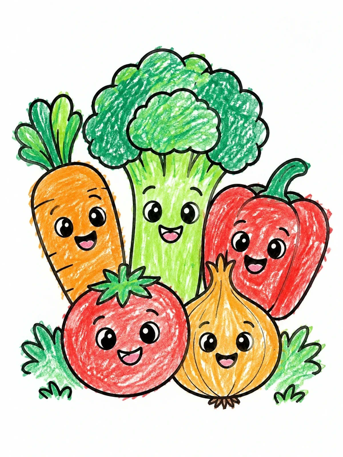 Colored example of the Cute Smiling Garden Vegetables coloring page