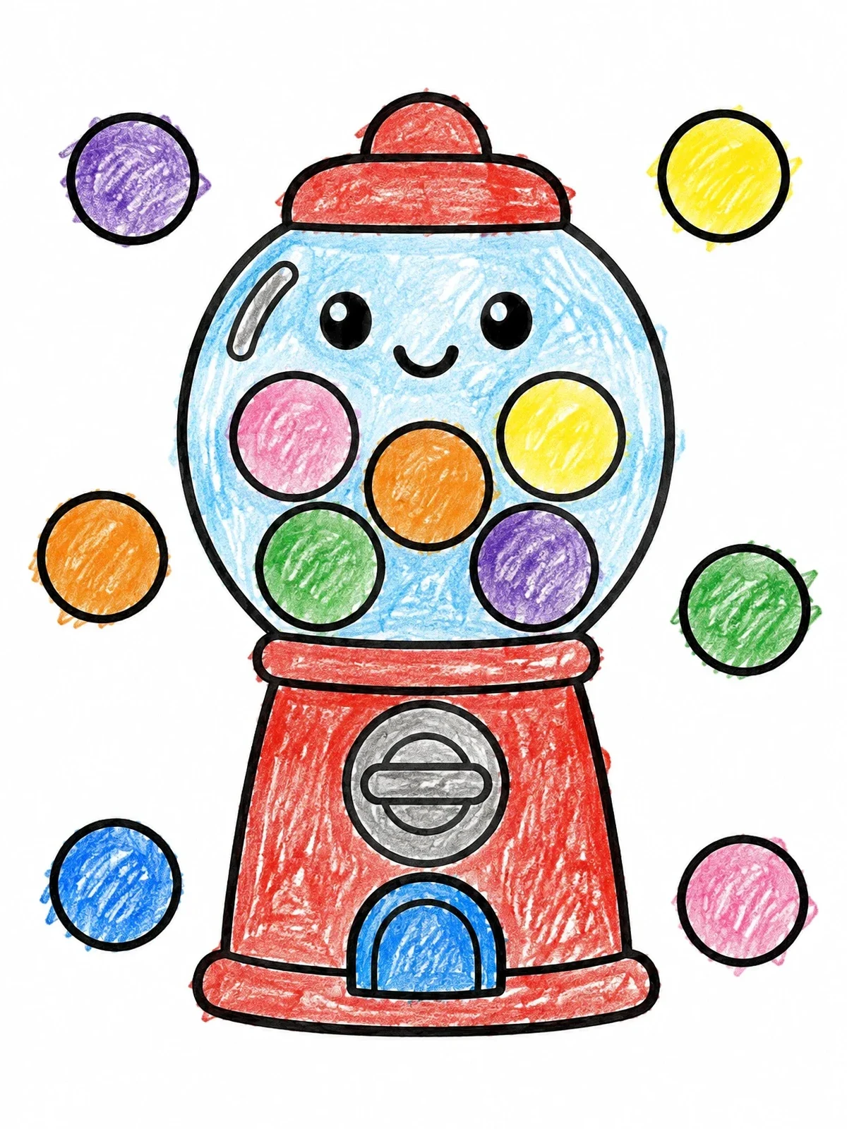 Colored example of the Cute Smiling Gumball Machine coloring page