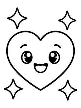 A smiling heart coloring page surrounded by sparkling four-point stars.