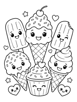 Sweet cartoon ice cream cones and popsicles in this cheerful ice coloring page.